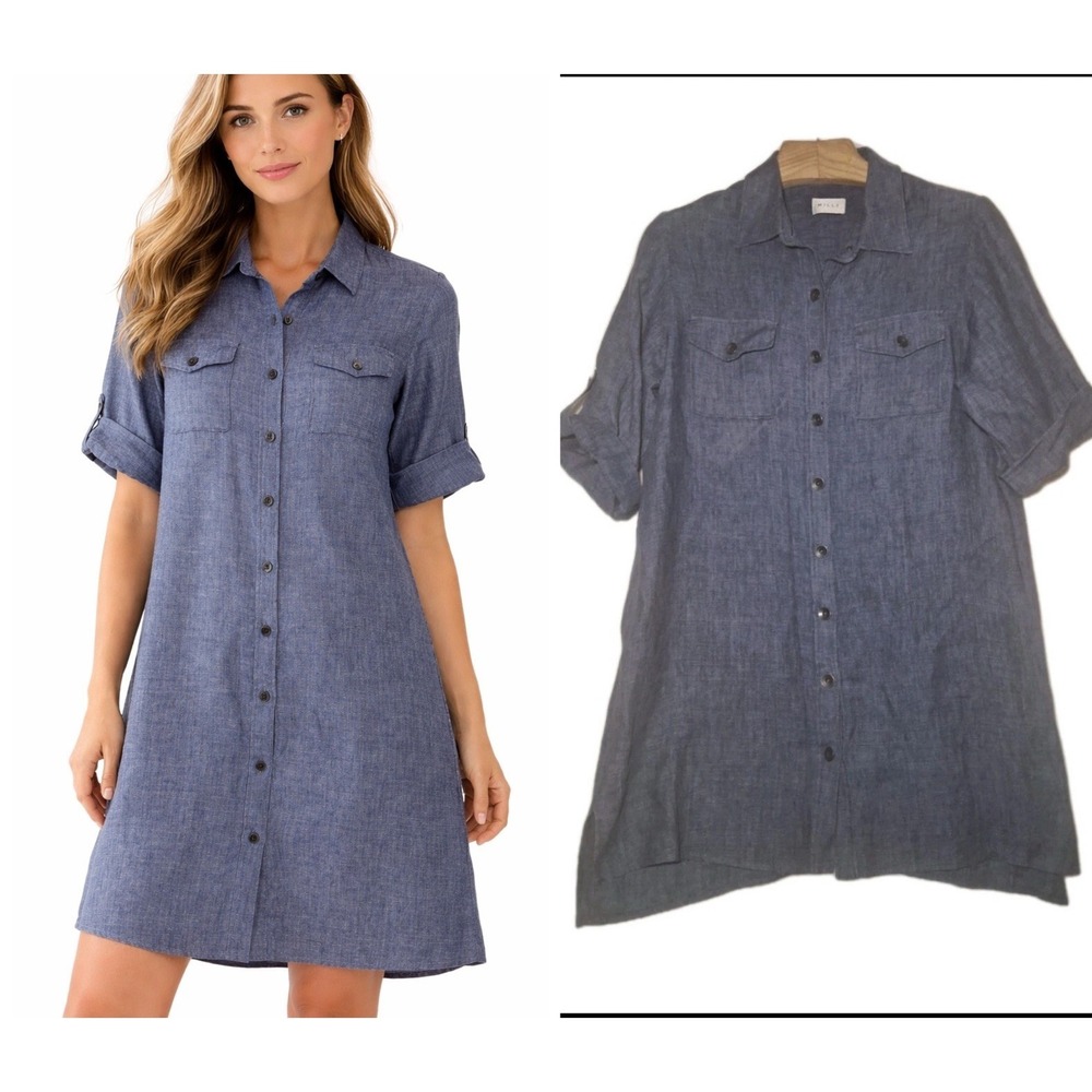 Milly Shirt Dress Sz Large Blue Linen Woven 3/4 Roll Sleeve Button Down Pockets